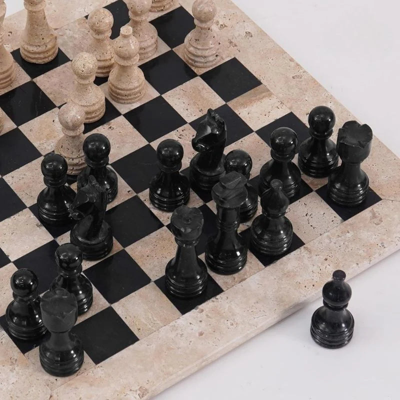 38cm Chess Set Travertine and Black