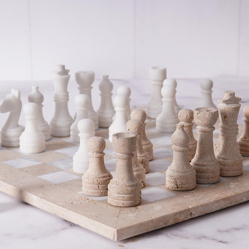 30cm Travertine and White Chess Set