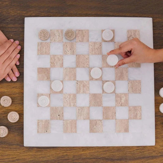 38cm Checkers Set - White and Travertine