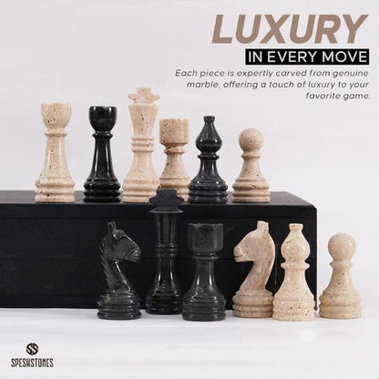 38cm Chess Set Black and travertine