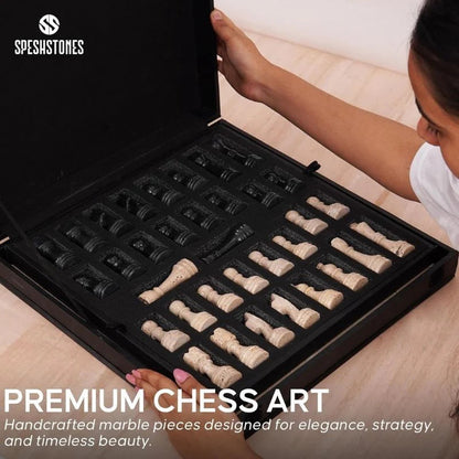 38cm Chess Set Black and travertine