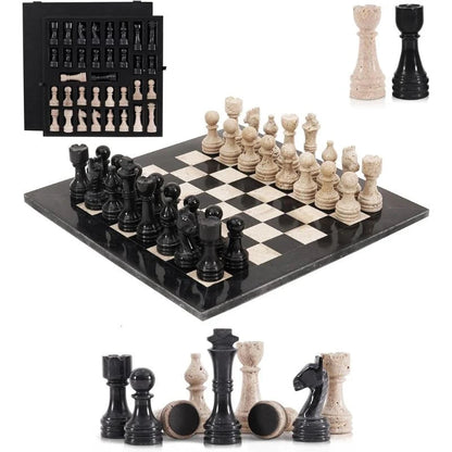 38cm Chess Set Black and travertine