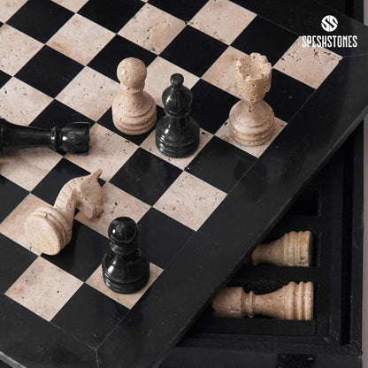 38cm Chess Set Black and travertine