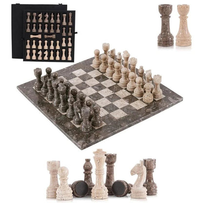 38cm Chess Set Oceanic and travertine