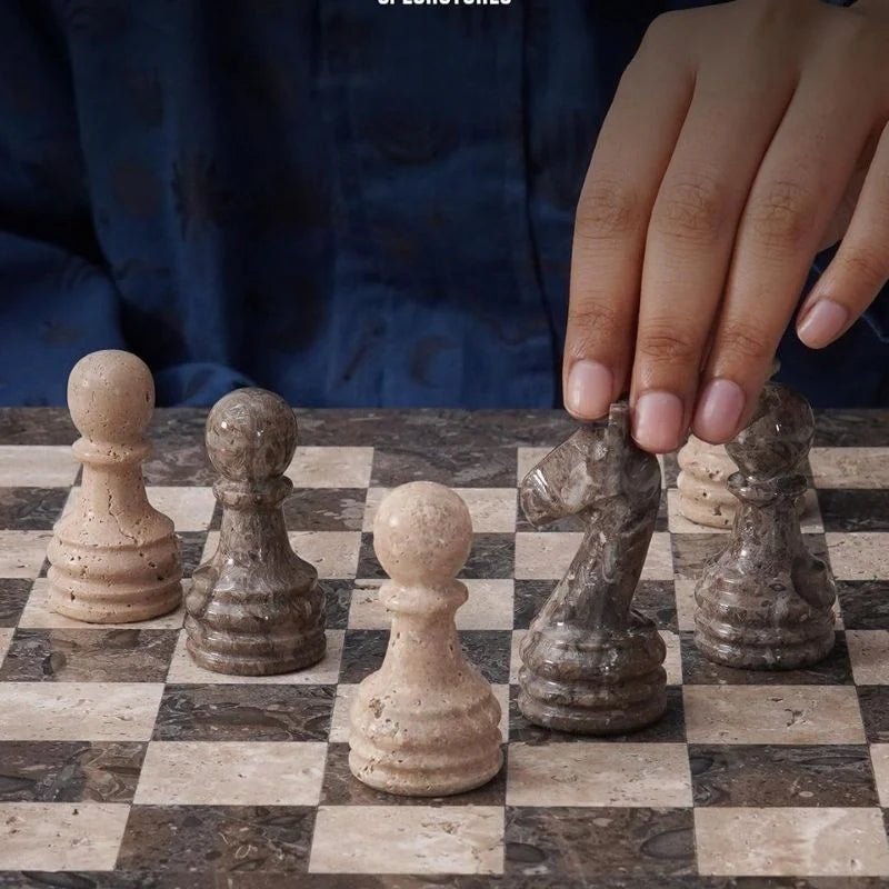 38cm Chess Set Oceanic and travertine