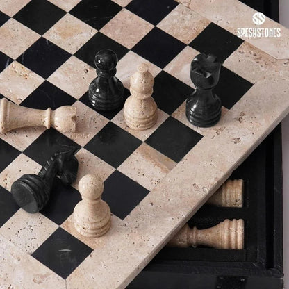 38cm Chess Set Travertine and Black