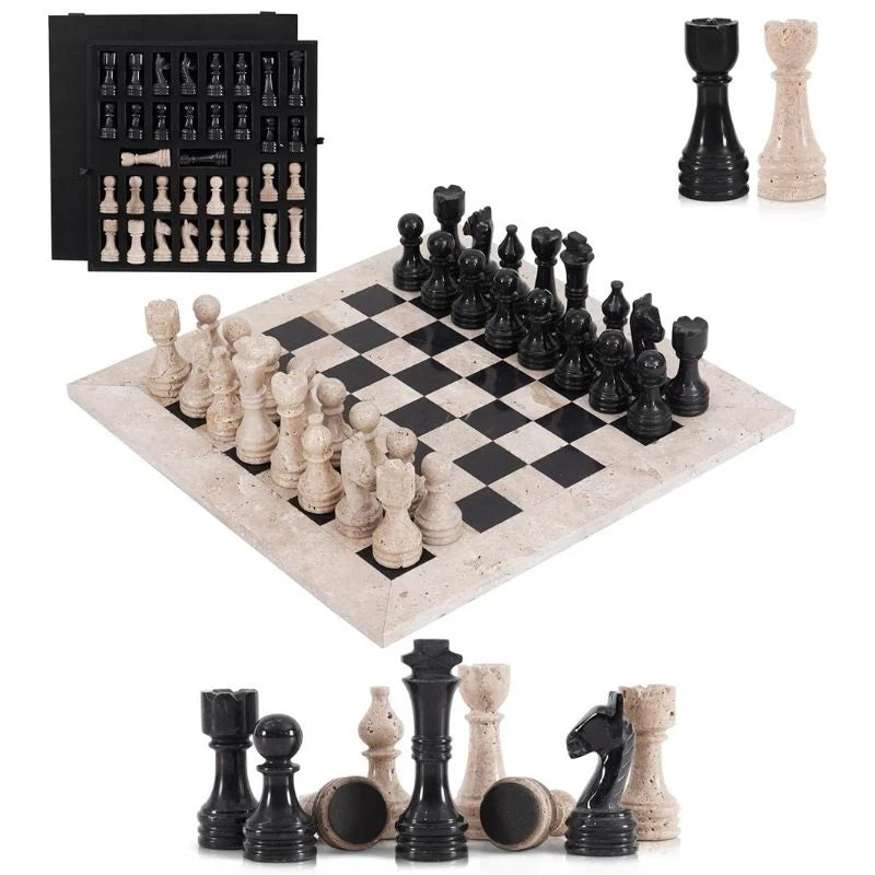 38cm Chess Set Travertine and Black