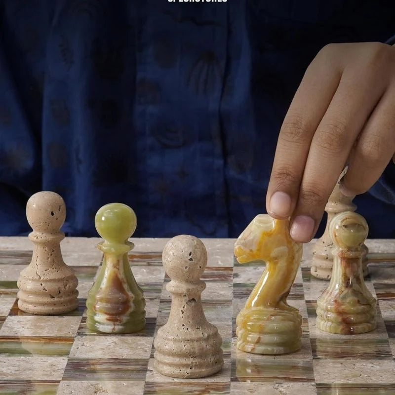 38cm Chess Set Travertine and Green