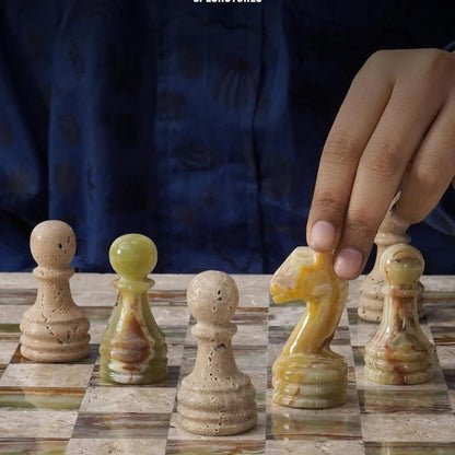 38cm Chess Set Travertine and Green