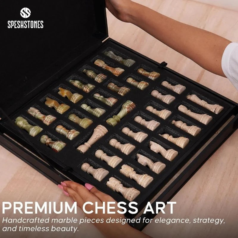 38cm Chess Set Travertine and Green