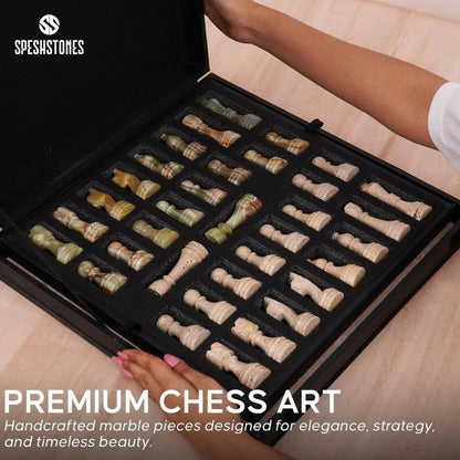 38cm Chess Set Travertine and Green