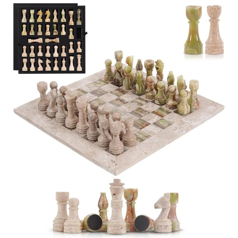 38cm Chess Set Travertine and Green