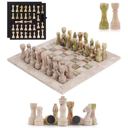 38cm Chess Set Travertine and Green