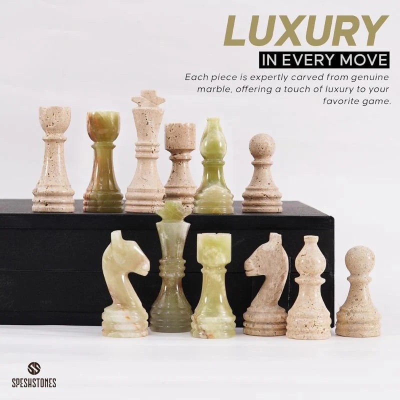 38cm Chess Set Travertine and Green