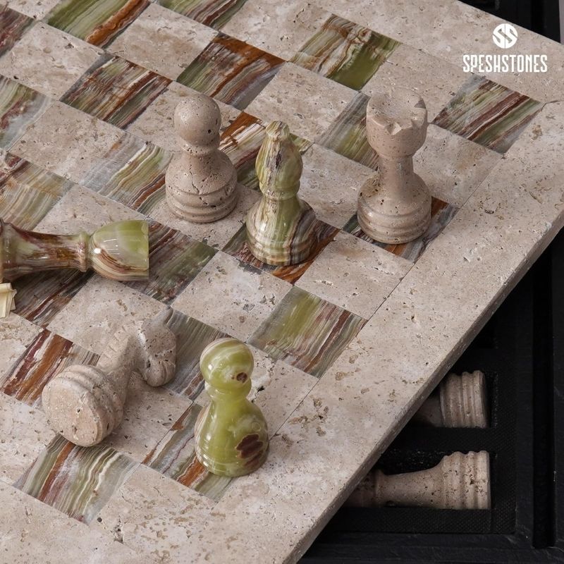 38cm Chess Set Travertine and Green