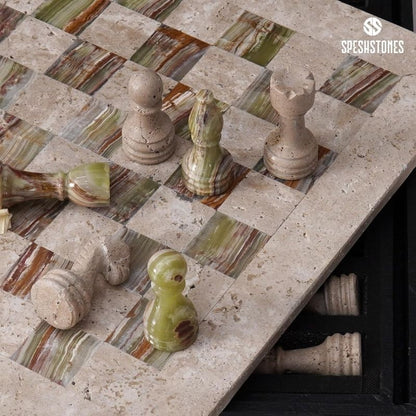 38cm Chess Set Travertine and Green