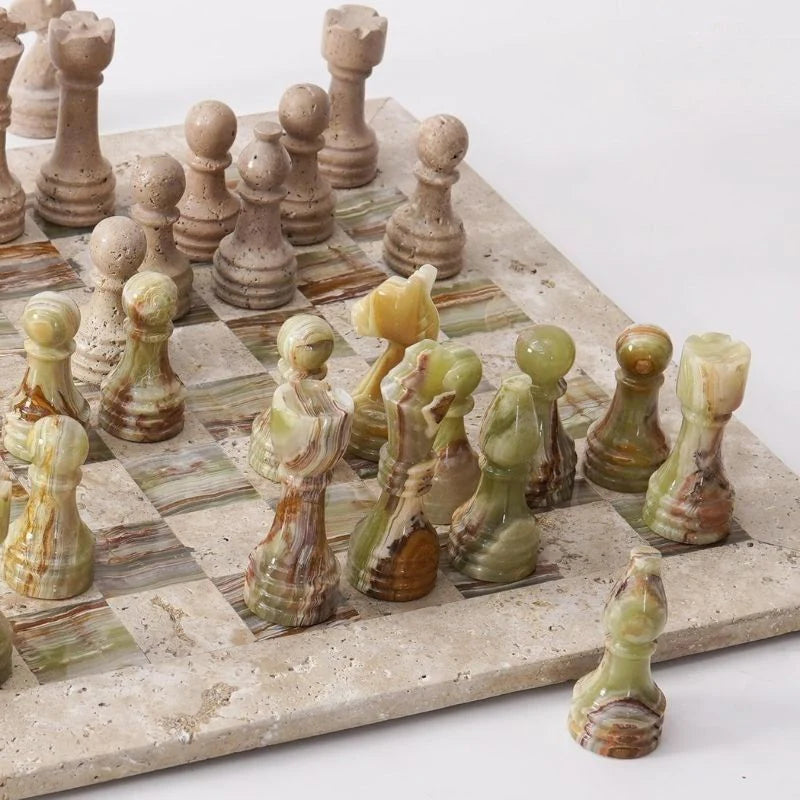 38cm Chess Set Travertine and Green