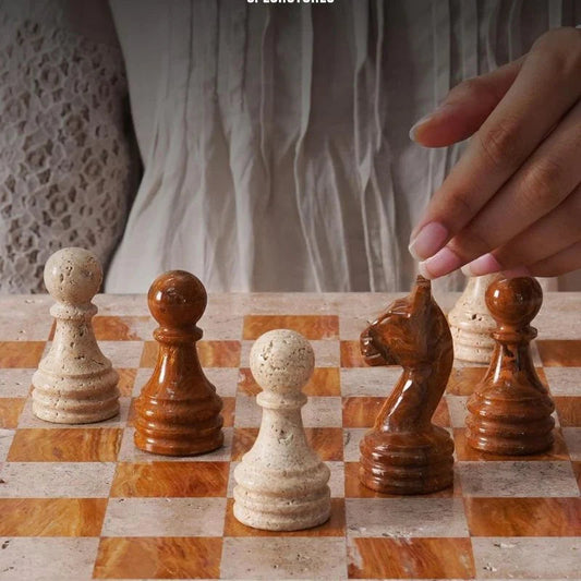 38cm Chess Set Travertine and Red