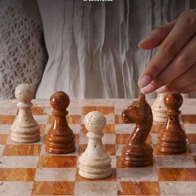 38cm Chess Set Travertine and Red