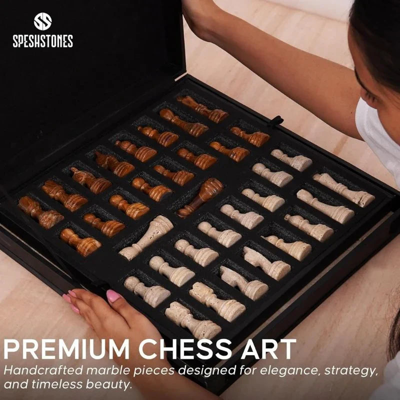 38cm Chess Set Travertine and Red