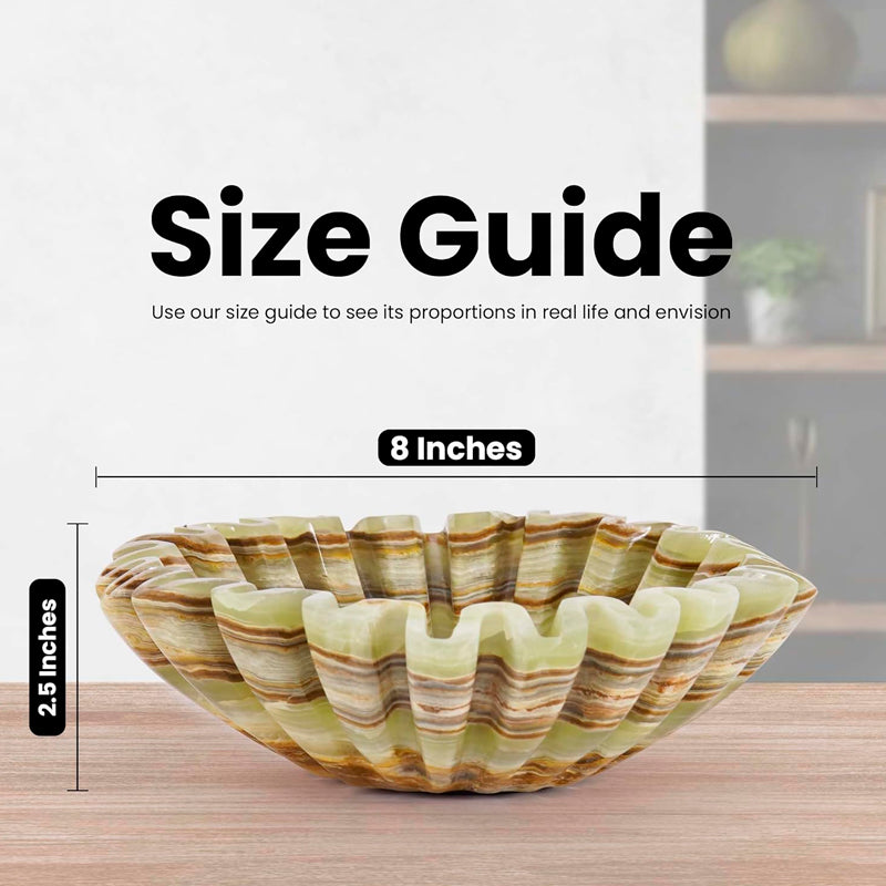 Size guide for a decorative bowl with dimensions displayed
