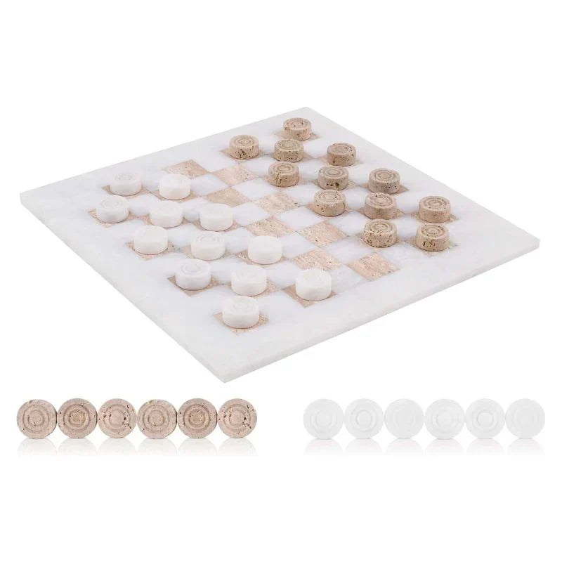 38cm Checkers Set - White and Travertine