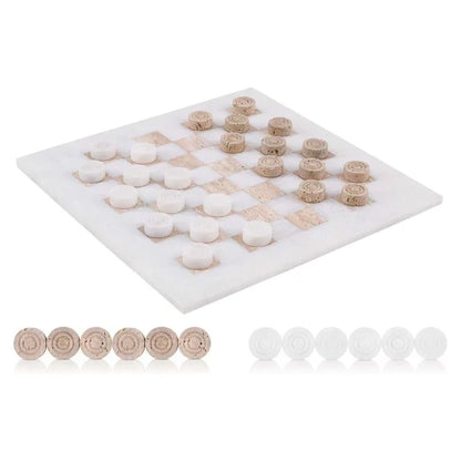 38cm Checkers Set - White and Travertine