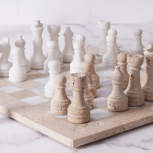 38cm Chess Set - Travertine & White