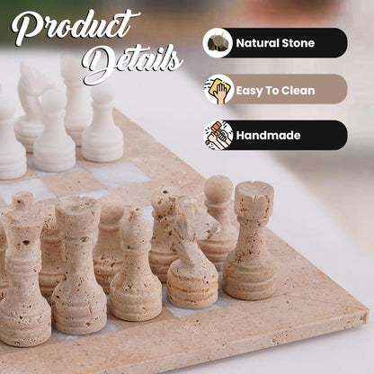 38cm Chess Set - Travertine & White