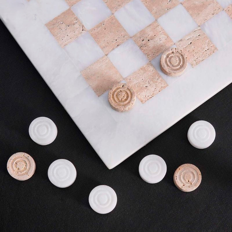 38cm Checkers Set - White and Travertine