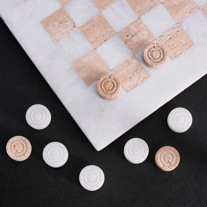 38cm Checkers Set - White and Travertine