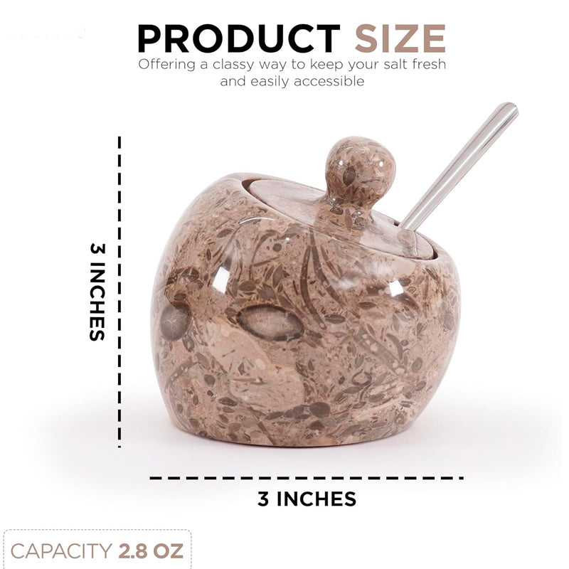 Marble-patterned salt shaker with a spoon on a white background, showing product size and capacity.