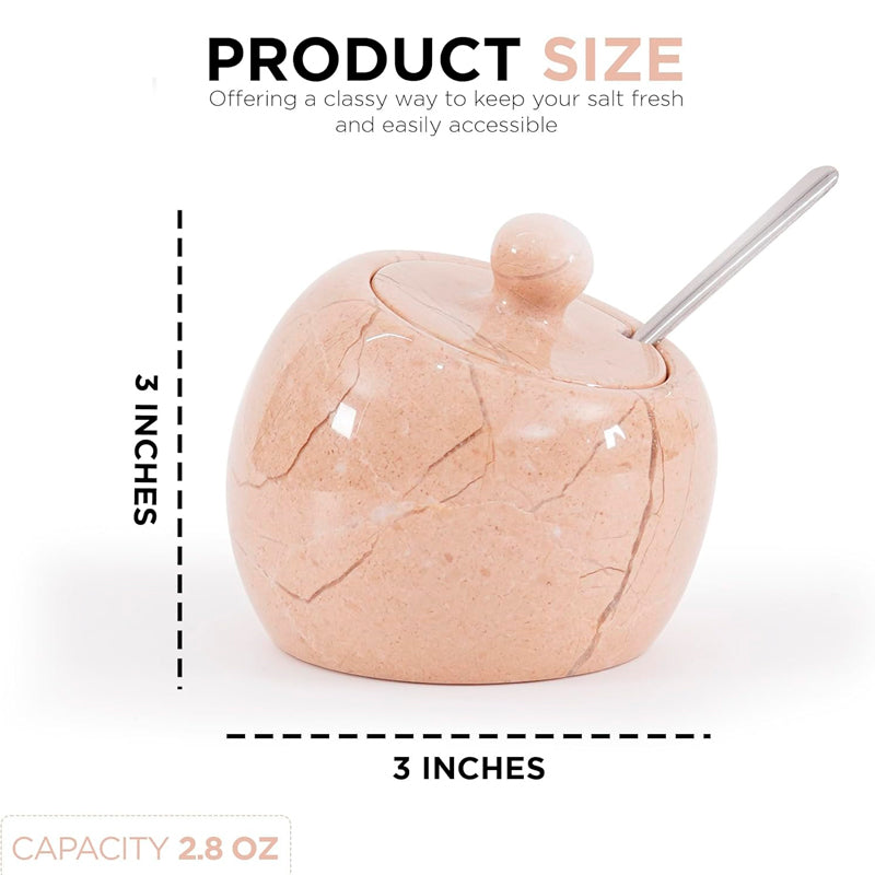 Marble-textured salt shaker with a spoon, shown with measurements on a white background.