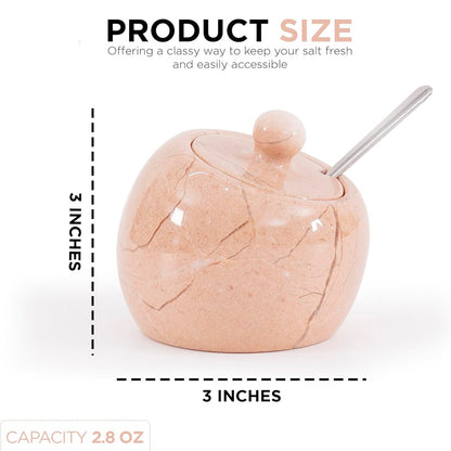 Marble-textured salt shaker with a spoon, shown with measurements on a white background.