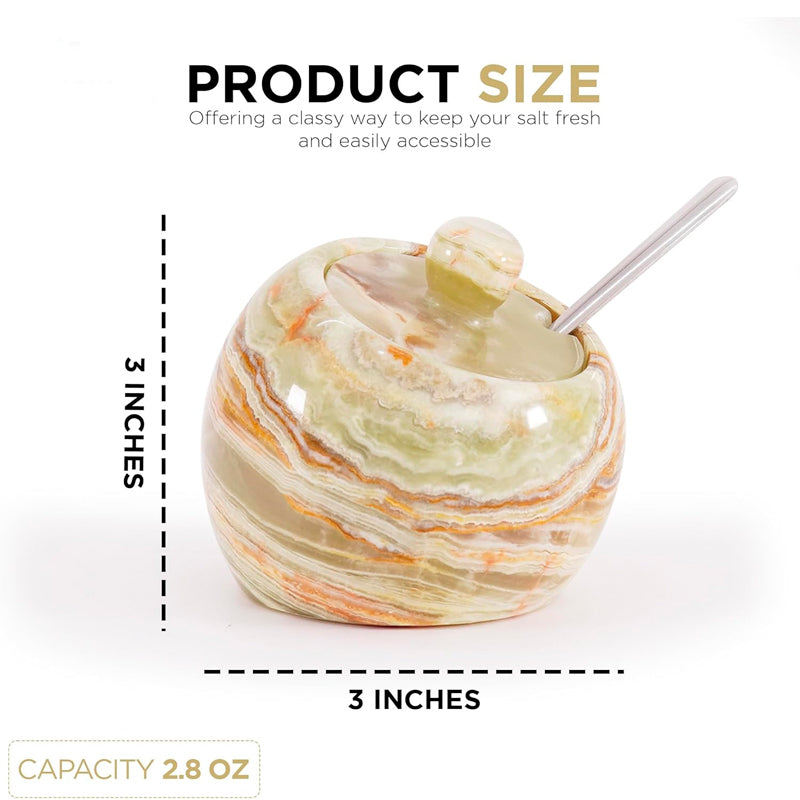 Marble-textured salt shaker with a spoon, showing size and capacity details on a white background.