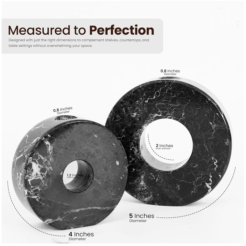 Marble-patterned circular objects with measurements on a white background