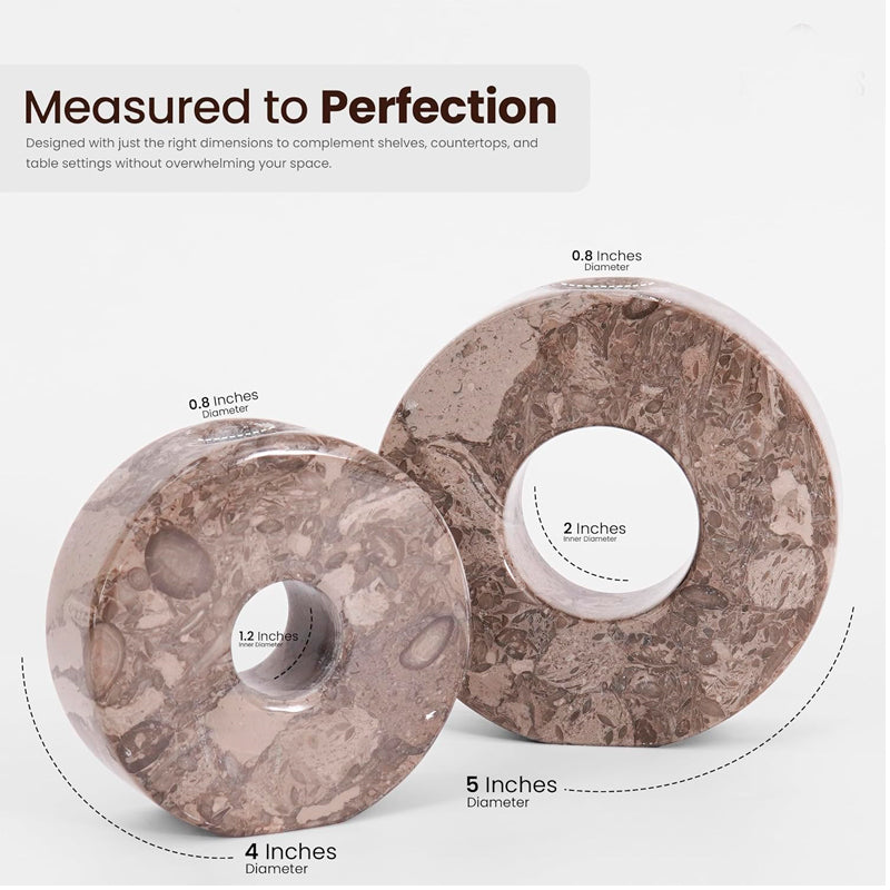 Two circular stone coasters with measurements on a white background
