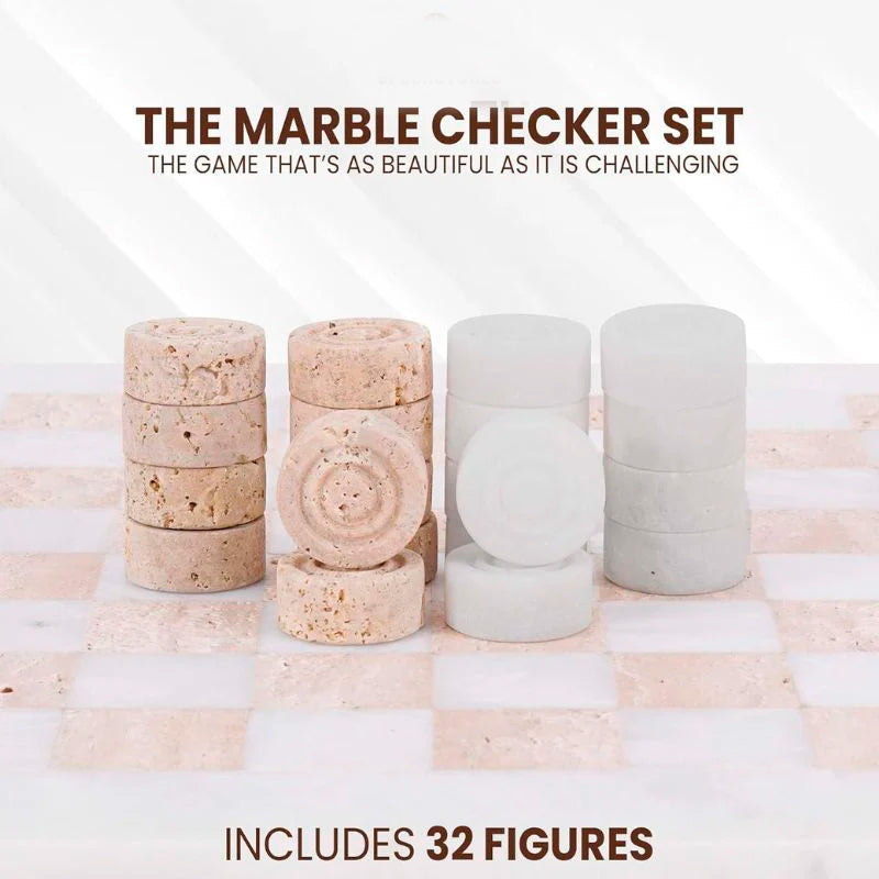 38cm Checkers Set - White and Travertine