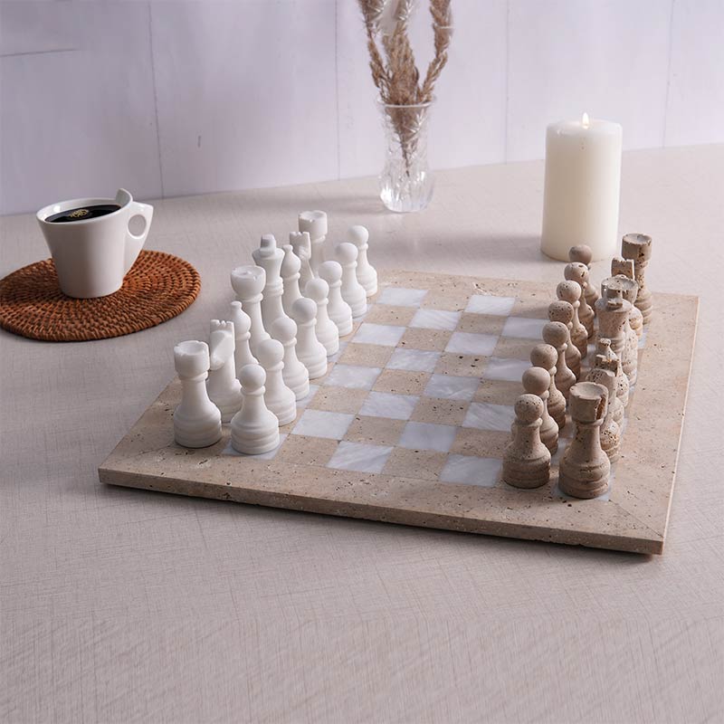 38cm Chess Set - Travertine & White