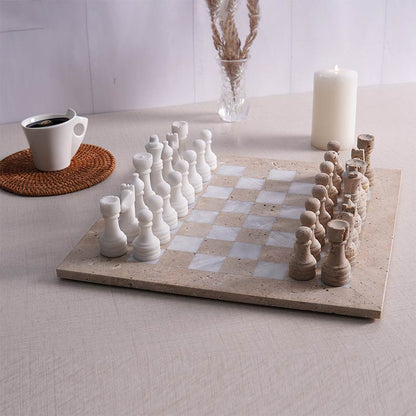 38cm Chess Set - Travertine & White