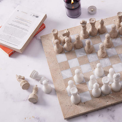 38cm Chess Set - Travertine & White