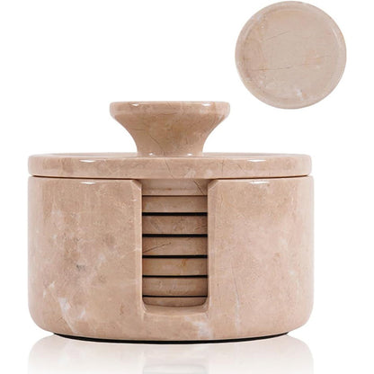 Beige marble coaster set with holder on a white background