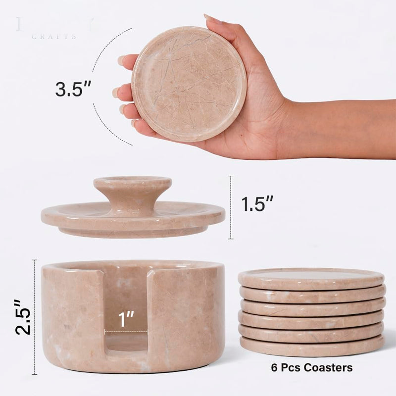 Marble coaster set with holder and coasters, showing dimensions and quantity.