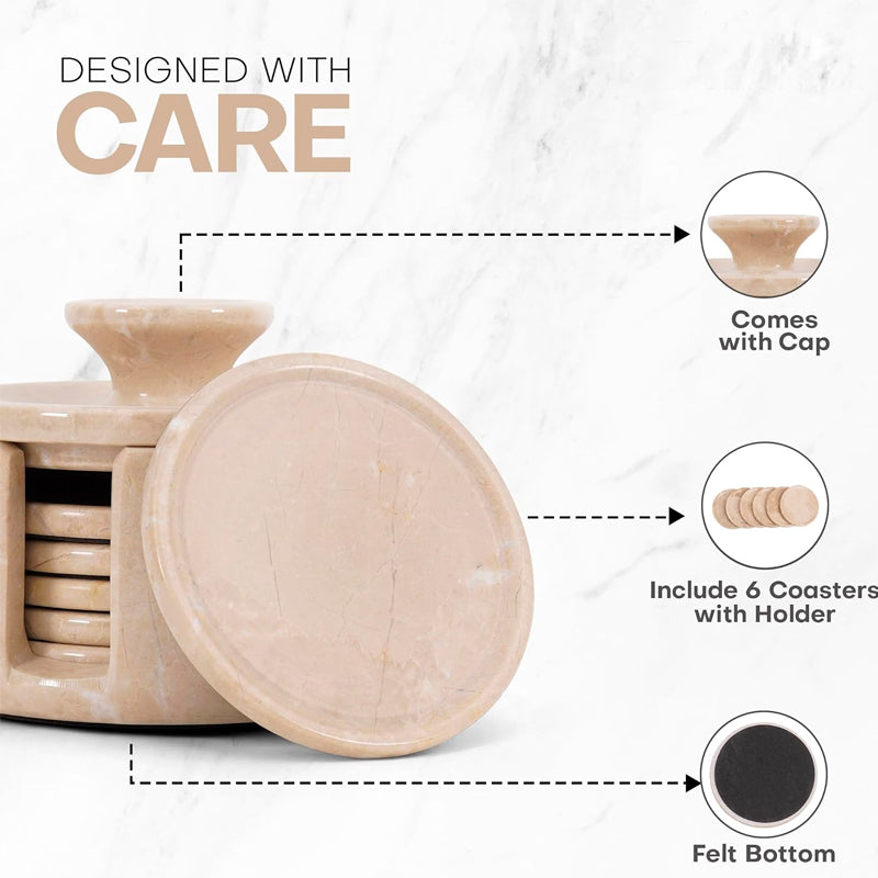 Beige coaster set with holder and coasters on a white background, featuring text 'Designed with Care'.