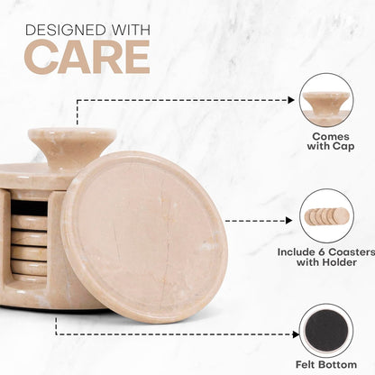 Beige coaster set with holder and coasters on a white background, featuring text 'Designed with Care'.