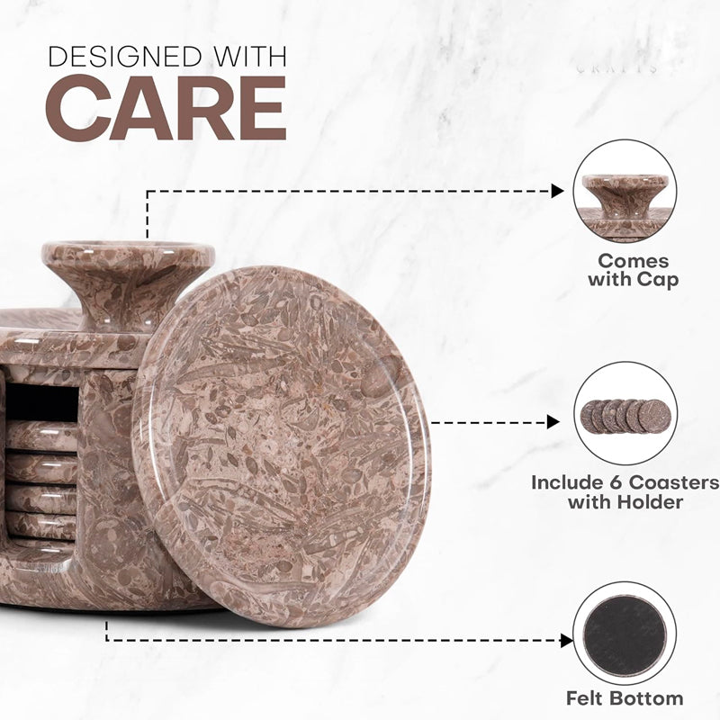 Marble coaster set with holder and cap, featuring text 'Designed with Care'.