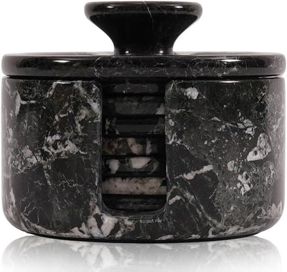 Black marble-patterned container with a lid on a white background