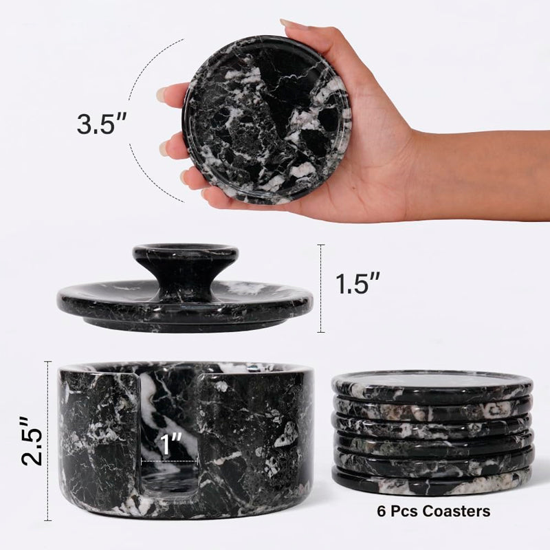Black marble coaster set with dimensions and a hand holding one coaster.