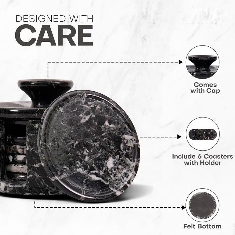 Black marble coaster set with cap and coasters on a white background