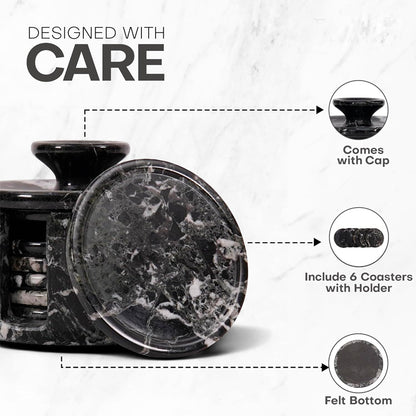 Black marble coaster set with cap and coasters on a white background